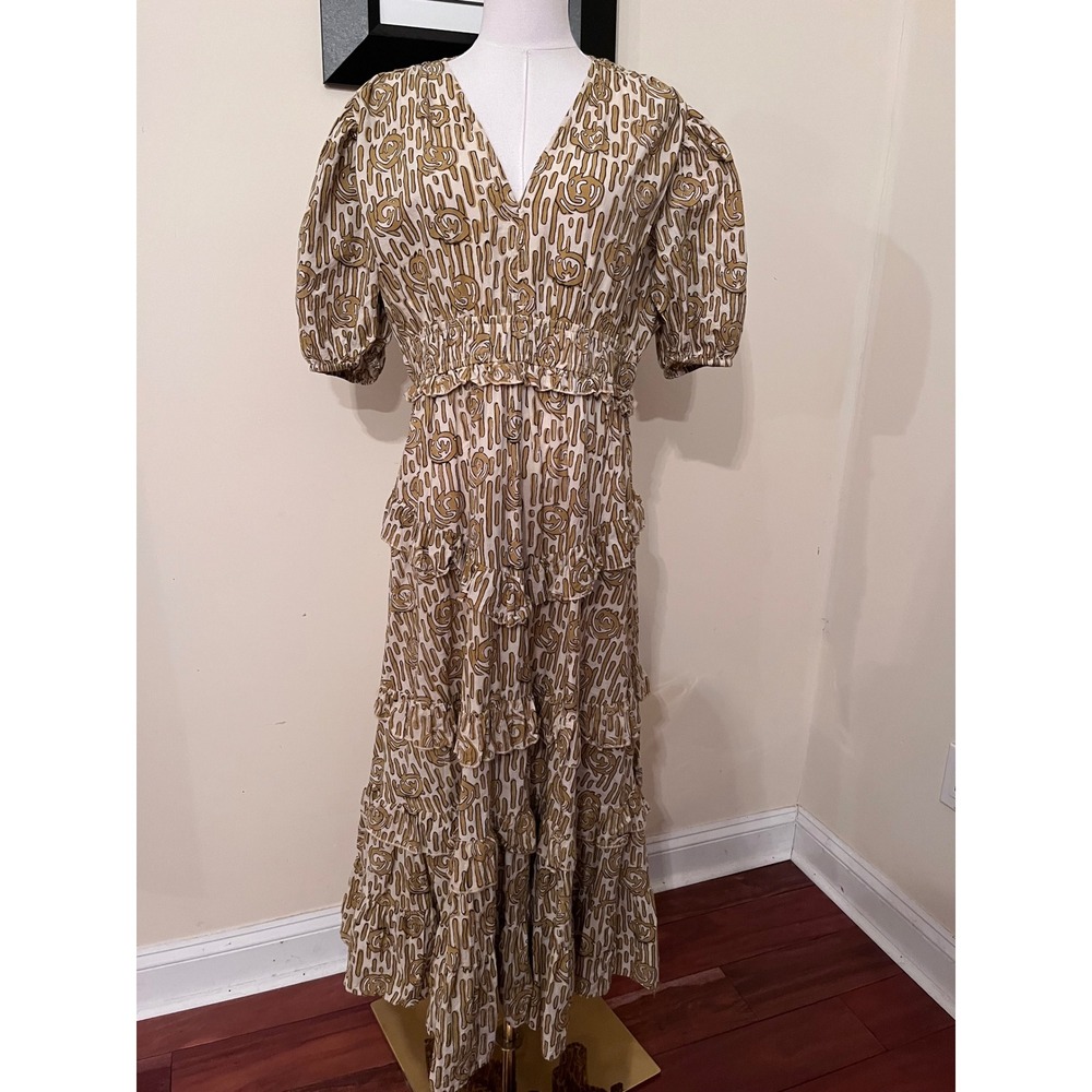 Anna Cate Mustard Cream Abstract Print Tiered Cotton Maxi Dress Puff Sleeve M - Picture 2 of 7